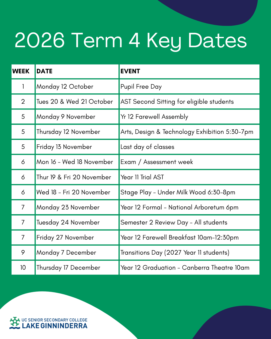 Term 4 Key Dates