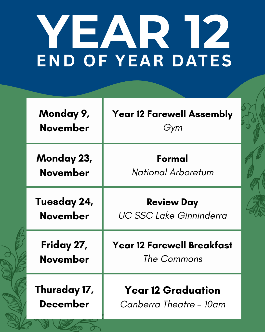 Year 12 EOY Dates