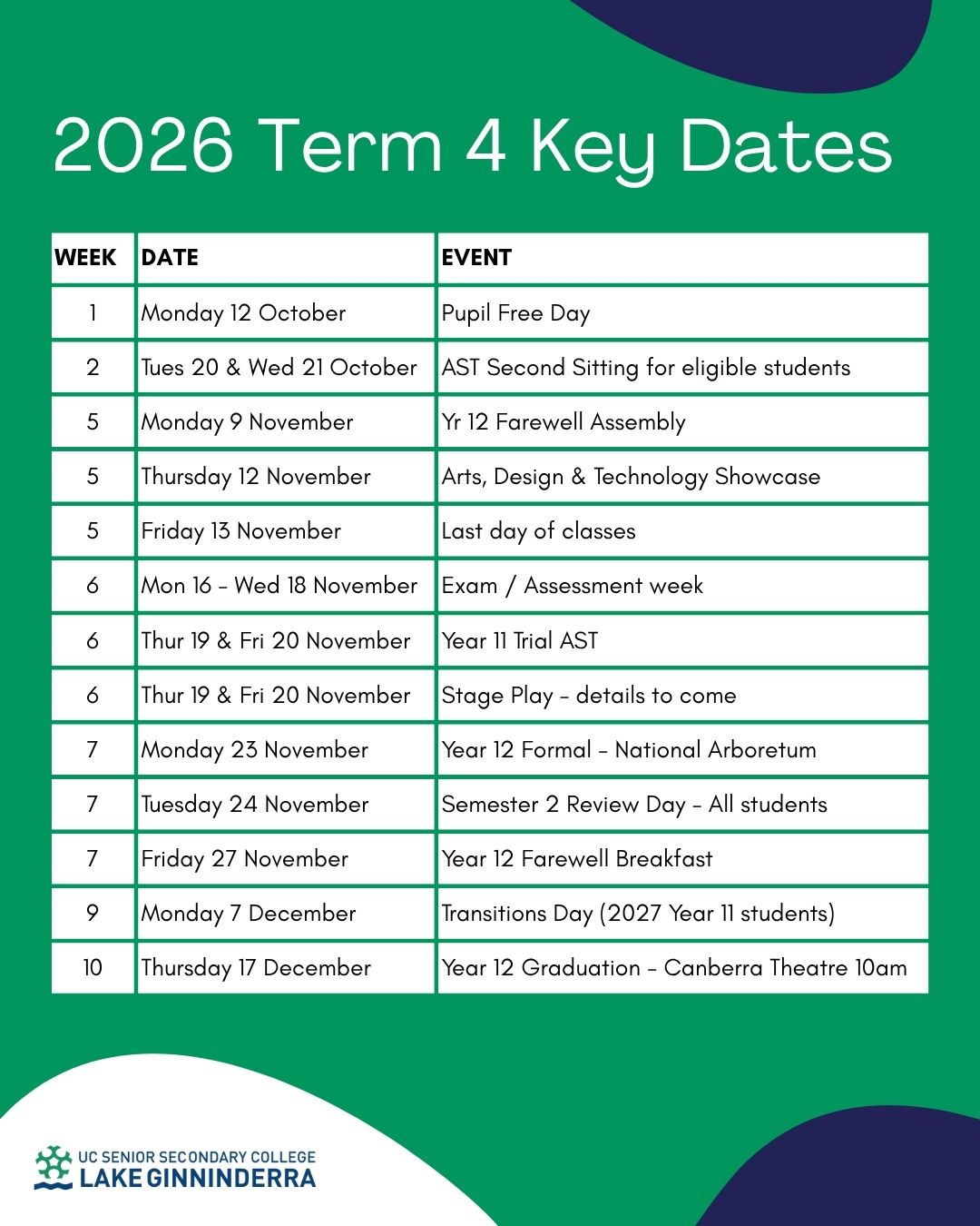 Term 4 Key Dates