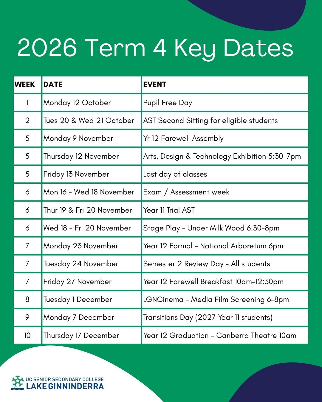 Term 4 Key Dates
